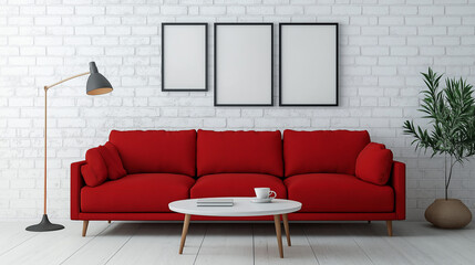  modern living room interior , red sofa with lamp and table and pot  in the room
