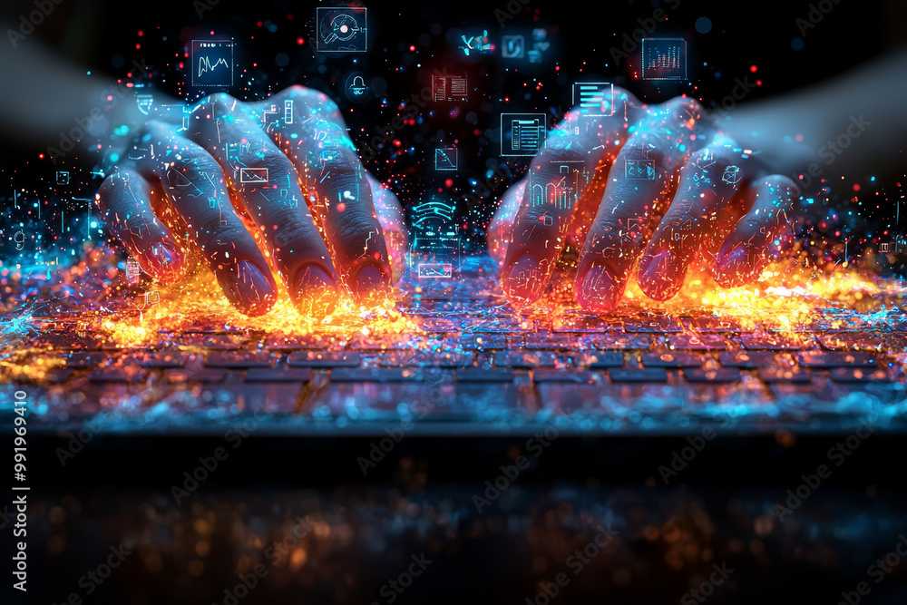Poster a person's hands typing on a keyboard with various digital icons floating above, symbolizing the ris