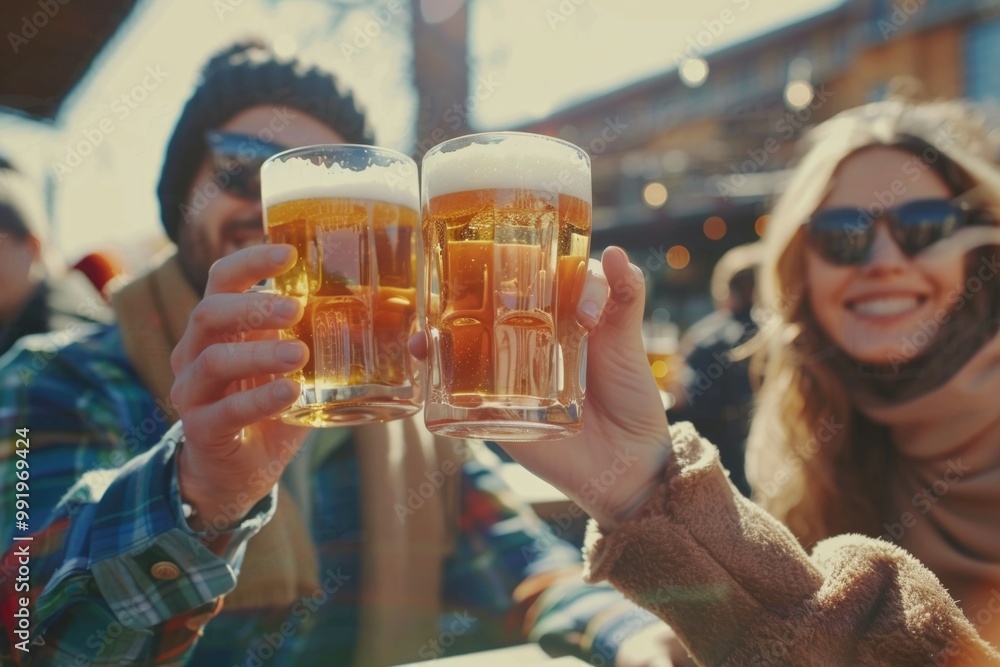 Canvas Prints A group of friends or colleagues gathered around the table, clinking their beer glasses in a toast