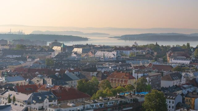 Sunrise view from Frognerparken towards Oslo city centre and Oslofjord. Aerial