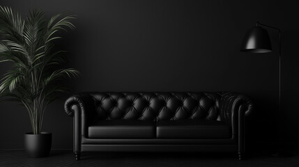 Obraz premium black sofa with lamp and pot for plants on black background 