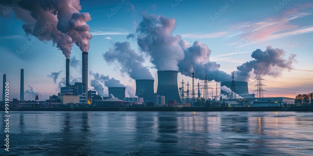 Poster a large industrial factory with visible emissions from its stacks