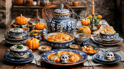 Fototapeta premium A festive table setting with blue and white skull-themed pottery, pumpkins, and food.