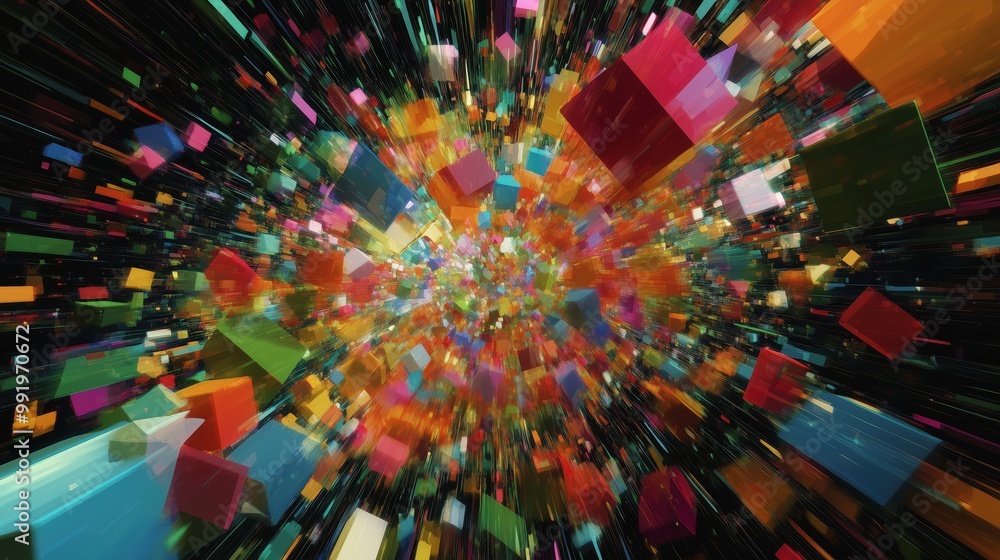 Poster a vibrant explosion of colorful 3d triangles radiating from a central point creates a mesmerizing vi