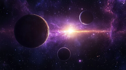 Three planets and a bright star in a vast purple space.