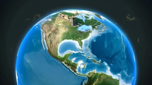 This visual displays a detailed 3D globe highlighting North America&rsquo;s diverse geography, including mountains, forests, and lakes, all set on a dark background