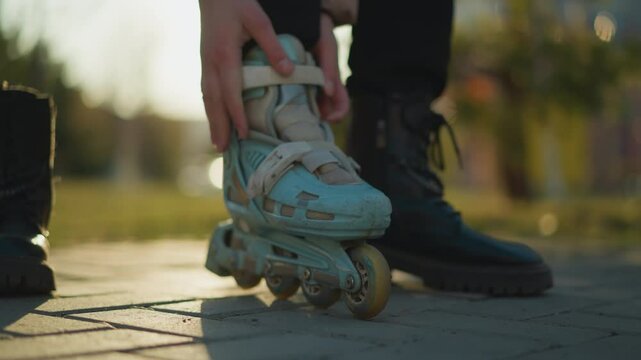 Close-up shot of a person sitting in a park, fastening the straps of a light blue rollerblade on one foot while the other leg is still wearing a black boot