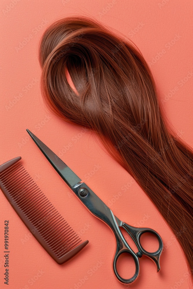 Poster A pair of scissors and a comb placed together on a bright pink background