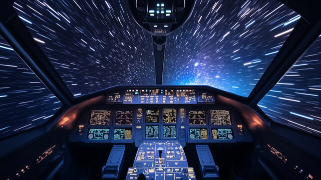 A futuristic spaceship cockpit with a view of stars streaking by.