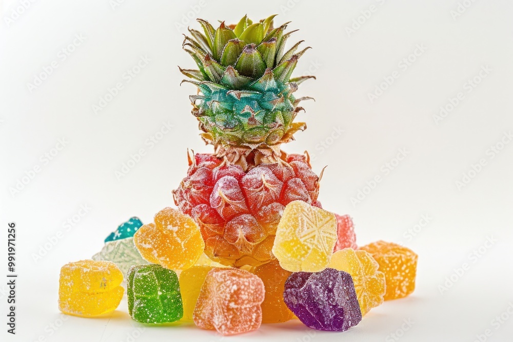 Poster a pineapple sits atop a colorful pile of gummy bears, perfect for adding a pop of fun to your design