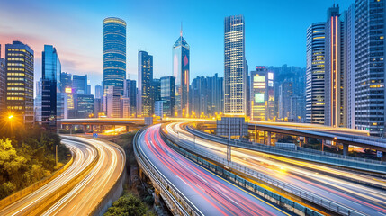 Fototapeta premium Cityscape with highway traffic light trails and skyscrapers at dusk.