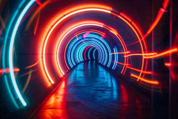 A neon tunnel with red, blue, and green lights