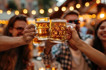 Group of friends celebrating with beer and toast