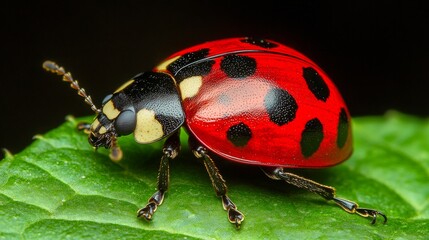 Fototapeta premium Close-up of a vibrant ladybug with red and black spots on a green leaf, showcasing intricate details and rich colors.