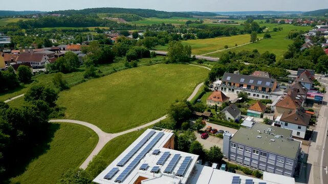 4K Aerial Drone Video of Greenspace along the Frankische Rezat River in Ansbach, Germany