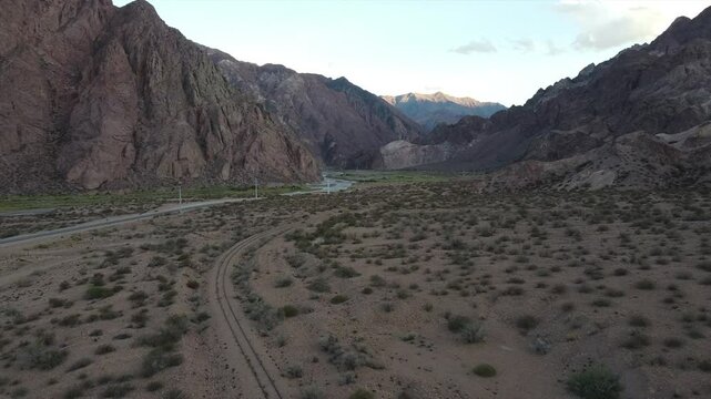 4k cinematic drone. Uspallata is a village in, Mendoza, Argentina, in a scenic location on the road that crosses the Andes between Mendoza and Santiago in Chile. Beautiful mountains.