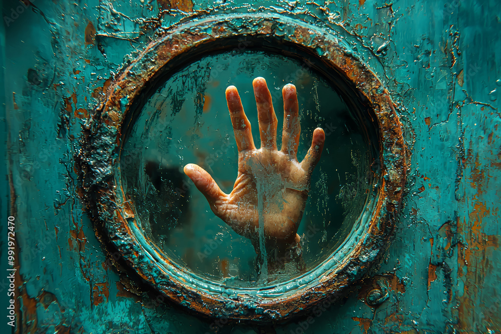 Poster a hand reaching through a mirror, as if the reflection is trying to escape, symbolizing the desire t