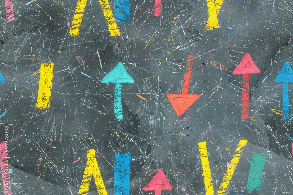 Poster a seamless textured background featuring colorful arrows in pink, blue, yellow, and orange on a dark