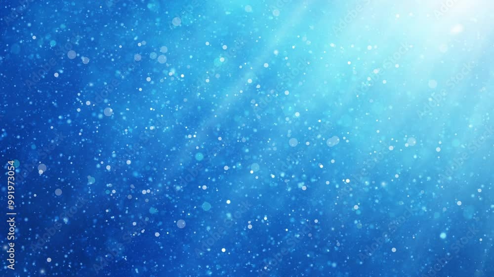 Poster dynamic blue underwater scene: turquoise light beams and flowing swirling particles with pulsating a