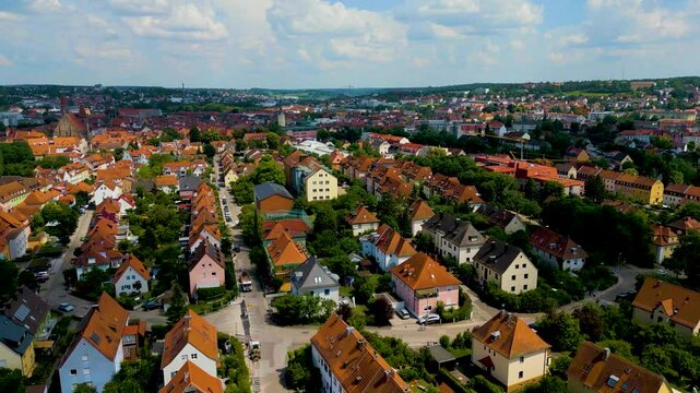 4K Aerial Drone Video of the Historic Half-Timbered Homes in Downtown Ansbach, Germany