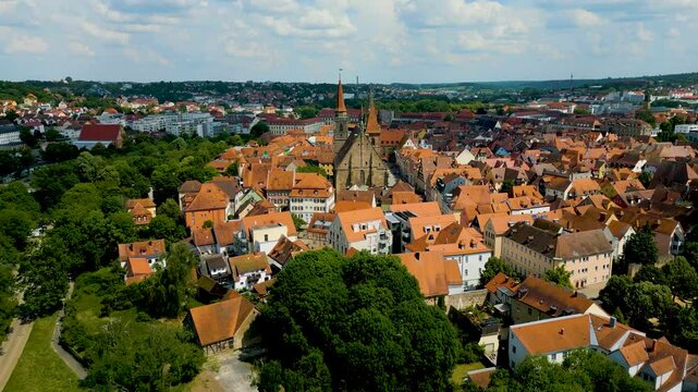 4K Aerial Drone Video of the St. Johannis Kirche Church in Downtown Ansbach, Germany