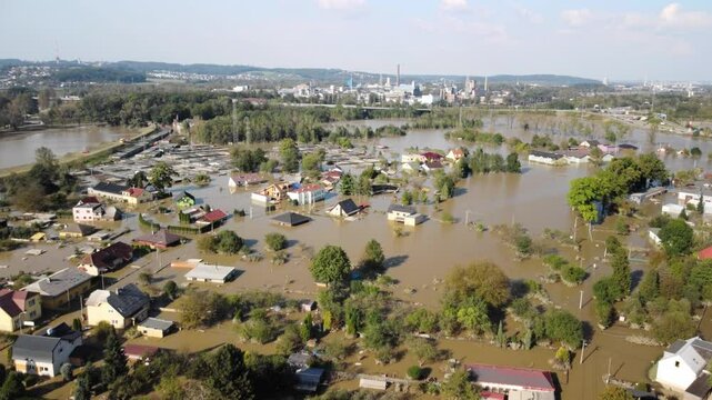 Aerial View Of Submerged City After Severe Flooding In Ostrava, Northeastern Czech Republic.