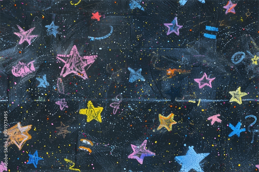 Poster a colorful abstract seamless representation of stars and cosmic elements on a dark background. the a