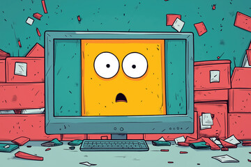 Cartoon illustration of a computer screen with a surprised face surrounded by scattered papers in a chaotic digital workspace