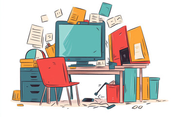 Cartoon-style illustration of a cluttered office desk with paperwork, documents, and storage boxes, representing workplace stress and chaos