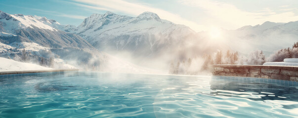 Luxury heated swimming pool in sunny Swiss Alps under snow on winter holiday