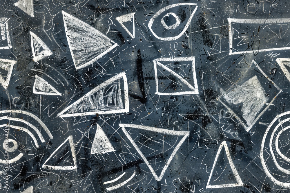 Poster an abstract seamless background featuring various geometric shapes like triangles, circles, and rect
