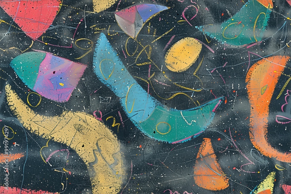 Poster an seamless abstract artwork featuring colorful shapes and lines on a dark background. the compositi