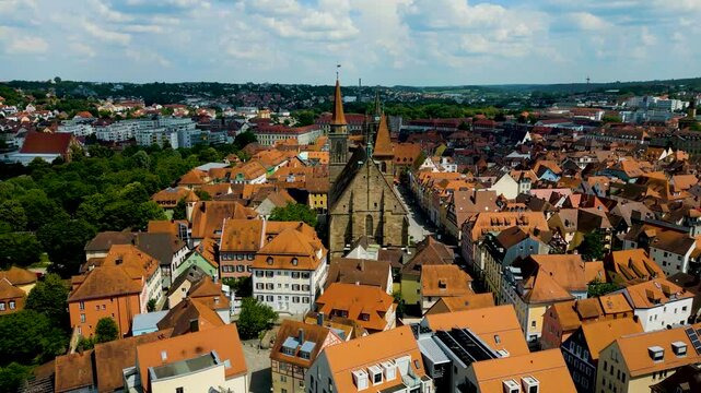 4K Aerial Drone Video of the St. Johannis Kirche Church in Downtown Ansbach, Germany