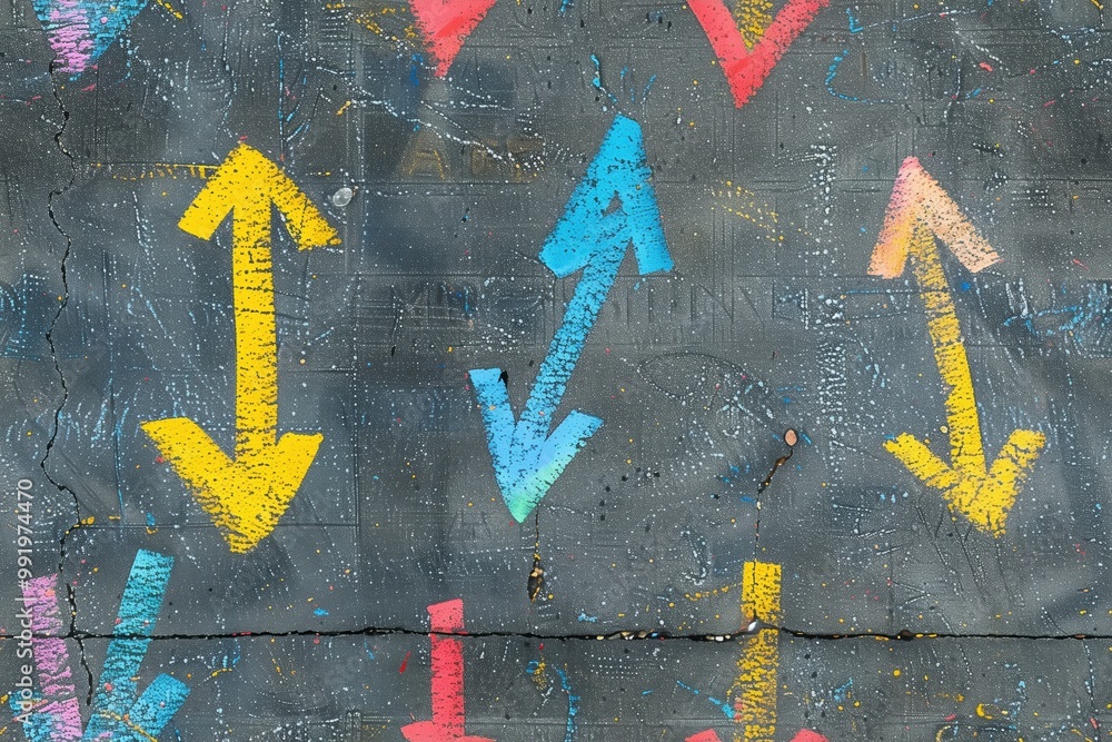 Poster a seamless textured gray wall covered with colorful arrows in yellow, blue, and pink. the arrows poi