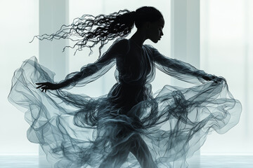 Fototapeta premium A dancer's silhouette infused with flowing fabric, representing movement and grace through double exposure.