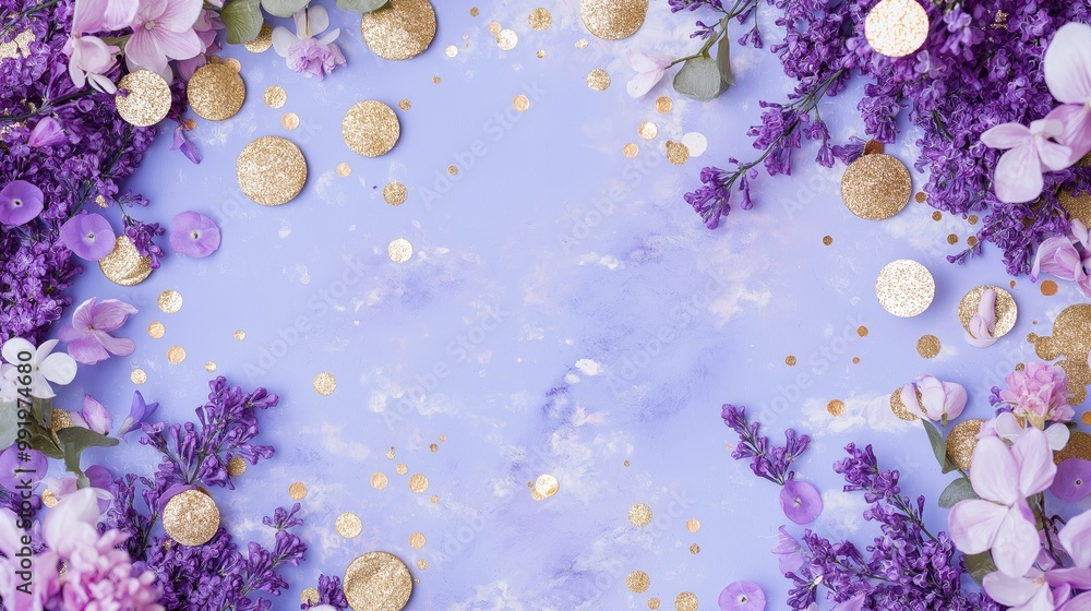 Poster soft lilac and white streams with golden bokeh create a dreamy atmosphere on a deep blue background