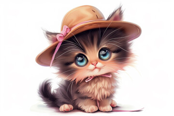 A cute kitten wearing a hat and bow tie