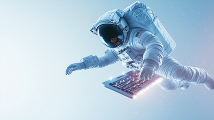 Astronaut floating in cyberspace typing on a glowing laptop keyboard
