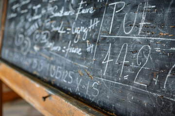 A chalkboard with numbers and equations written on it