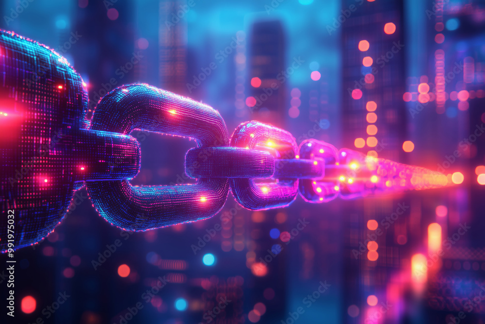 Poster a vibrant cryptocurrency hologram displays interconnected cells and chains, illuminating the futuris