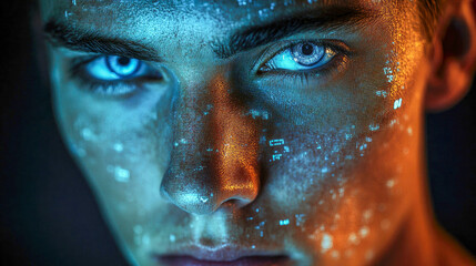 A close-up of a piercing blue eye with a glowing digital overlay, representing a futuristic or technological theme