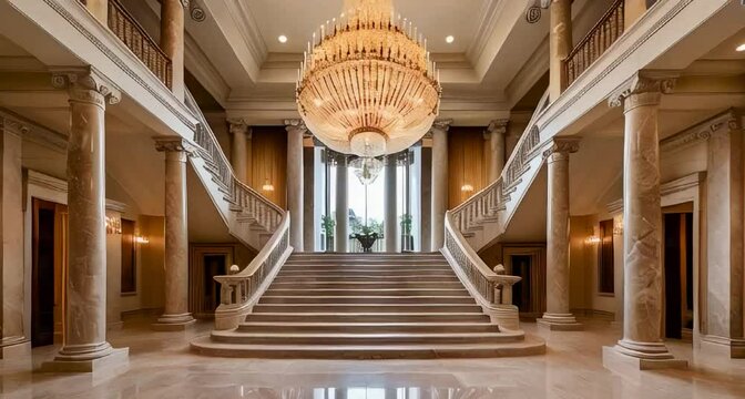 a grand luxury mansion foyer with a majestic double staircase made of marble, leading up to a magnificent chandelier that illuminates the space with a warm, golden light