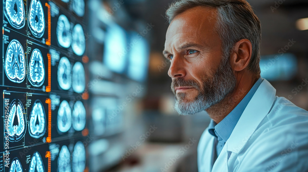 Poster a focused doctor analyzing brain scan images on multiple screens