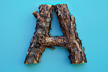 A wooden letter A is displayed on a blue background