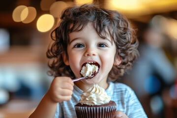 Happy Child Enjoying a Chocolate Cupcake in a Cozy Café