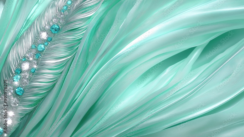Poster swirling strands of light create an enchanting turquoise bokeh effect against a deep black backgroun