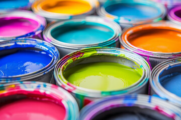A row of paint cans with different colors, including blue, green, and orange