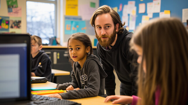 Elementary school teacher assisting students in a classroom with computer use