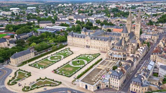 Abbey of Saint-&Eacute;tienne or Abbaye aux Hommes or Abbey men and city hall, Caen in Normandy, France. Aerial drone forward