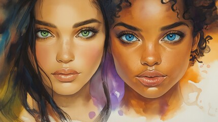 Obraz premium Contrasting gazes express emotions of two women with unique eye colors and vibrant backgrounds